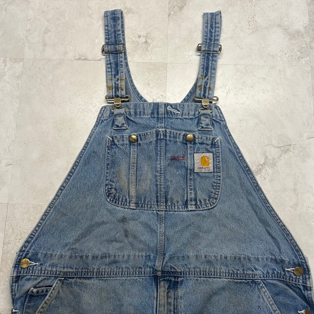 Carhartt Overalls Denim Light Wash Mens 40x30 Distressed R08 Bib Workwear